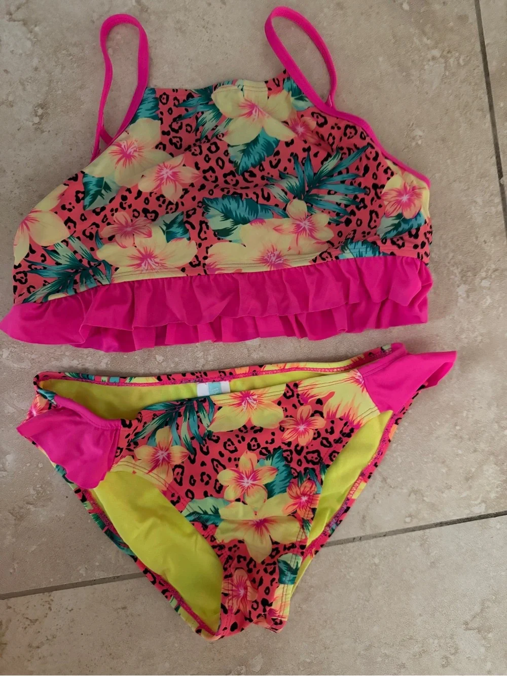 Girls' Neon Pink Tropical Ruffle Bikini Set